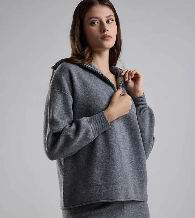 Textured Sweatshirt with High Neck and Long Sleeves