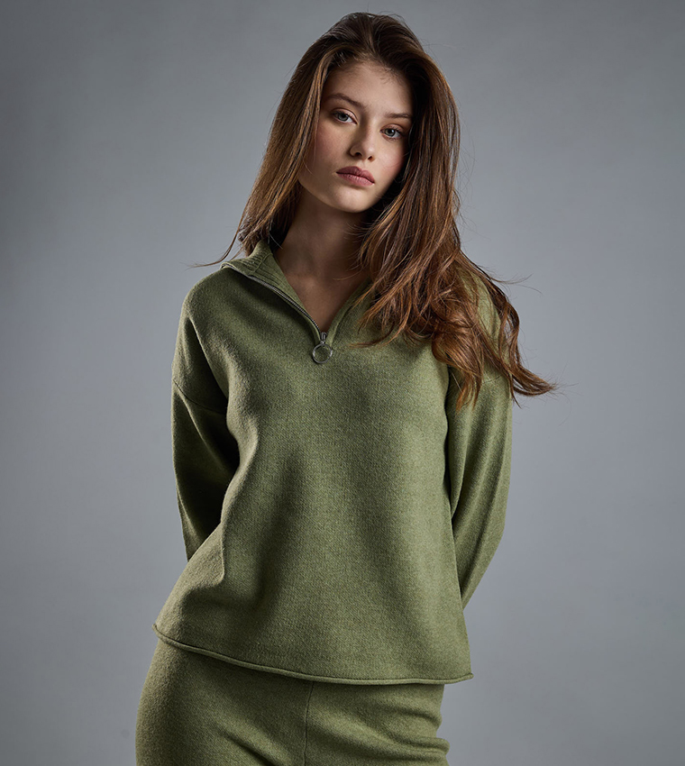 Textured Sweatshirt with High Neck and Long Sleeves
