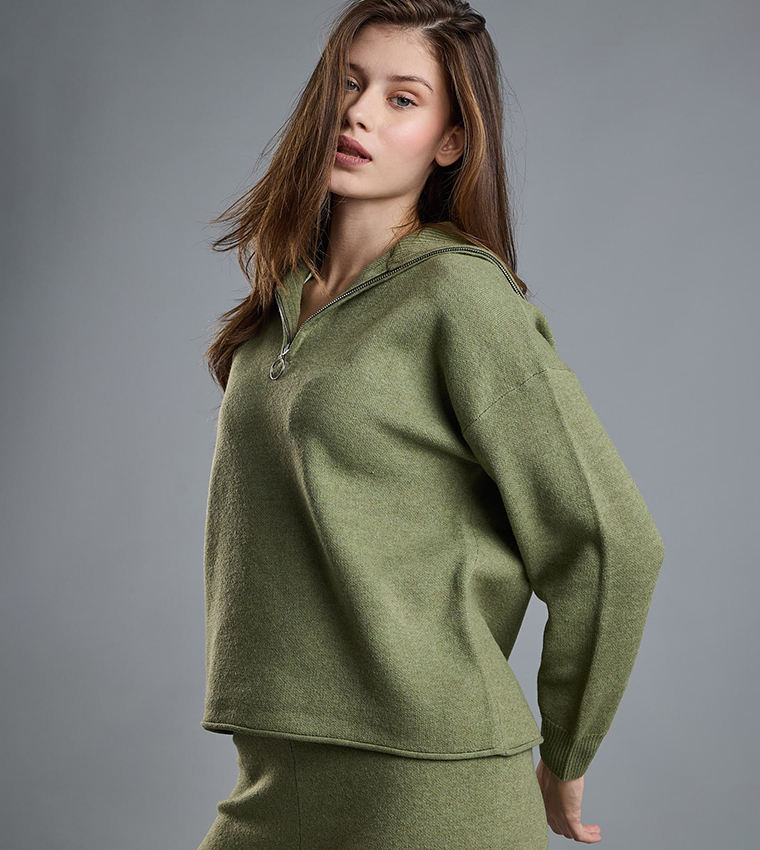 Textured Sweatshirt with High Neck and Long Sleeves