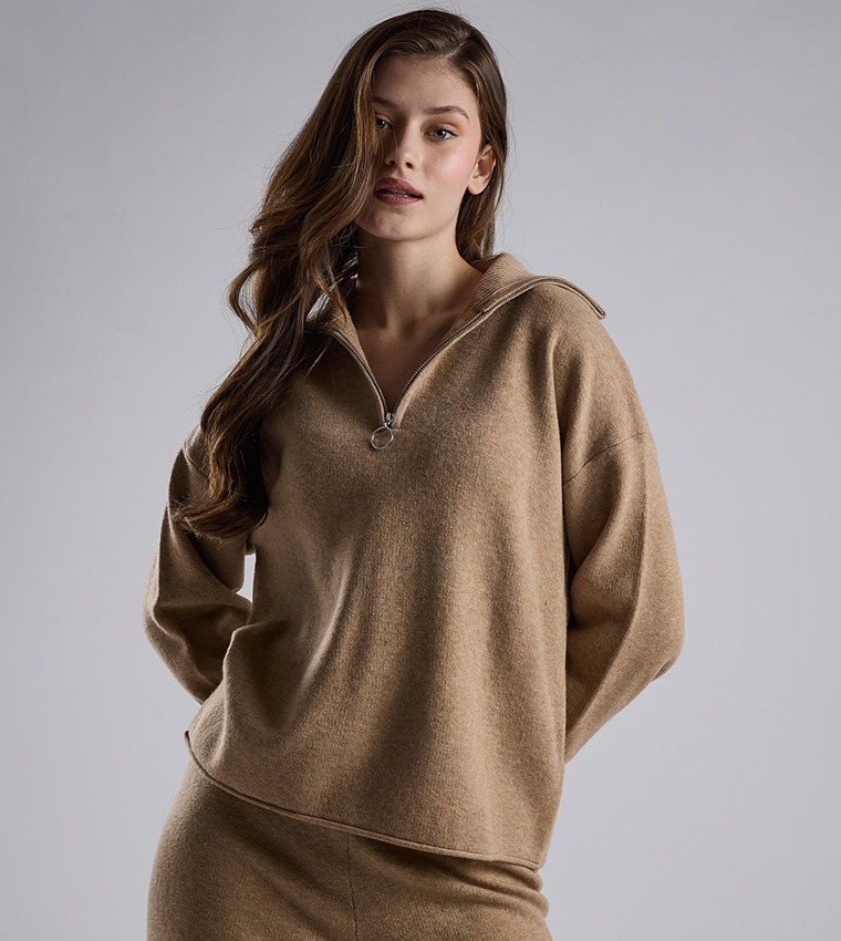 Textured Sweatshirt with High Neck and Long Sleeves