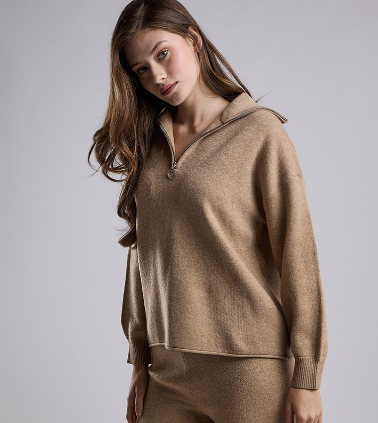 Textured Sweatshirt with High Neck and Long Sleeves