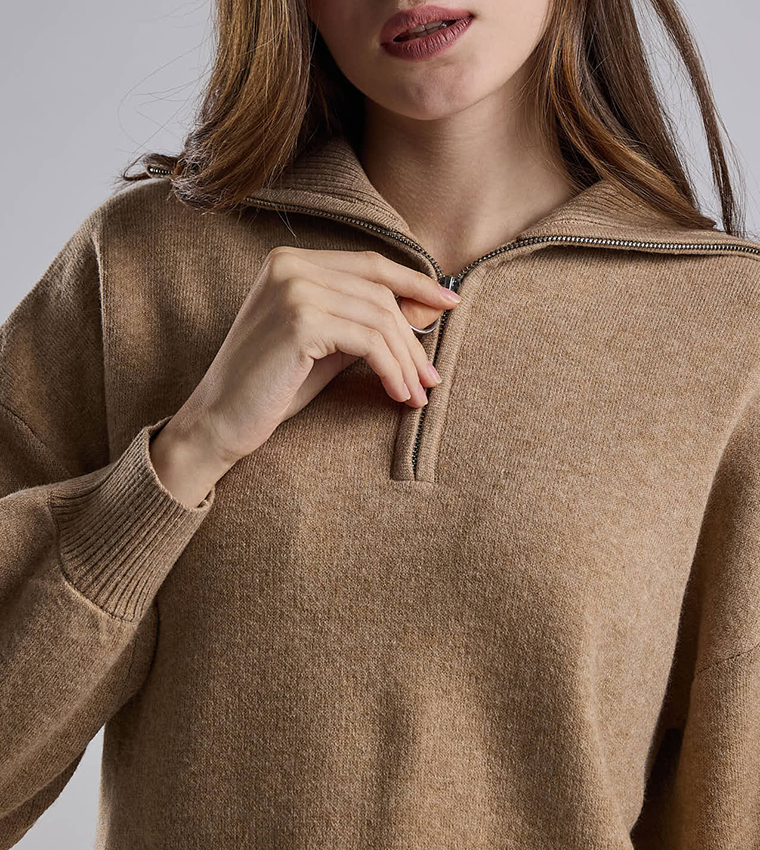 Textured Sweatshirt with High Neck and Long Sleeves