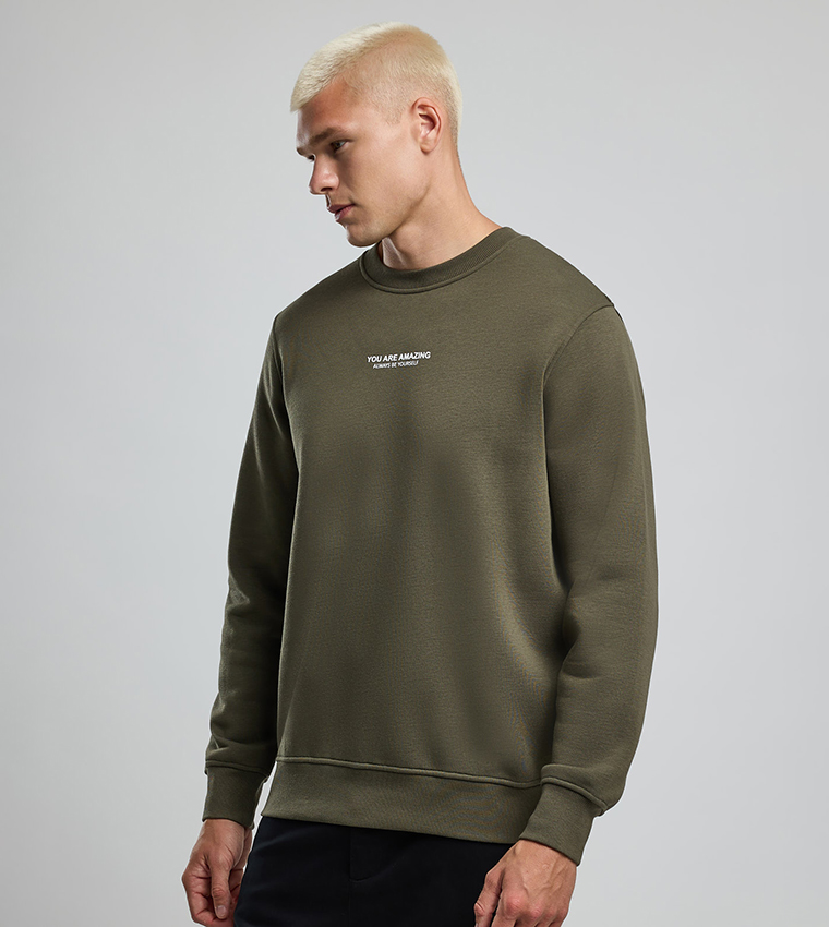 Typography Print Sweatshirt with Crew Neck and Long Sleeves