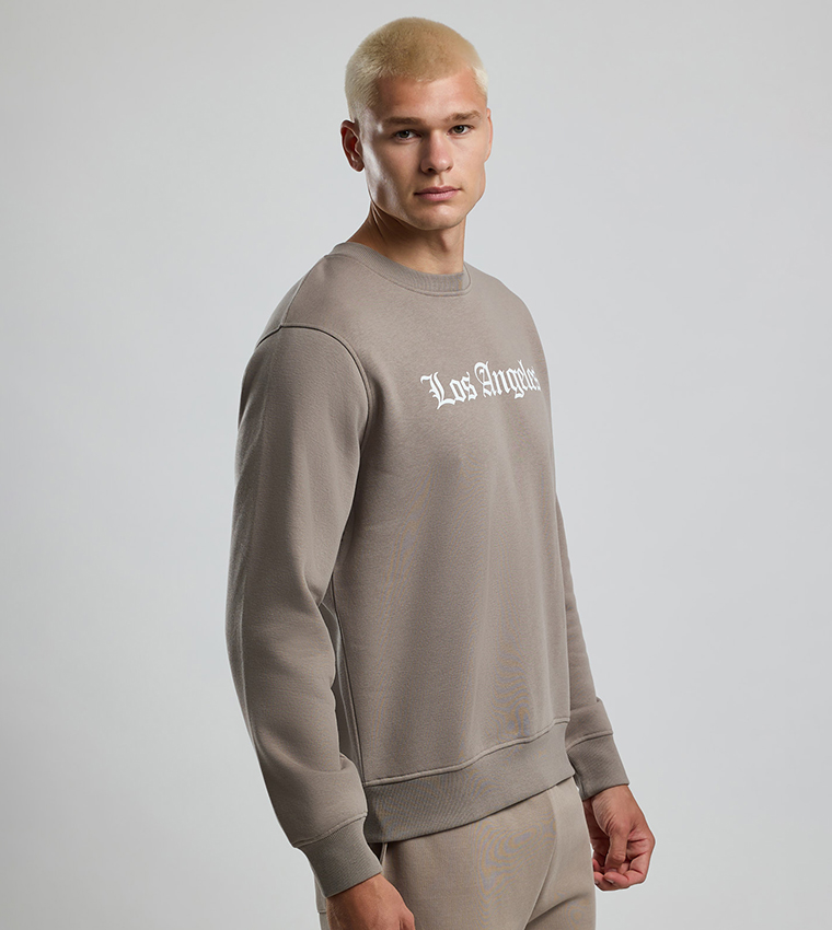 Typography Print Sweatshirt with Crew Neck and Long Sleeves