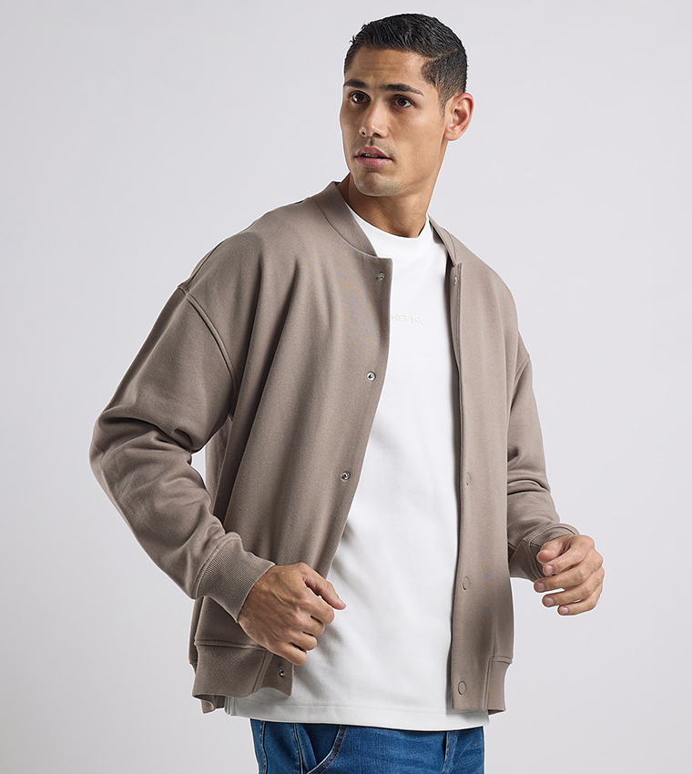 Solid Bomber Jacket with Zipper Closure