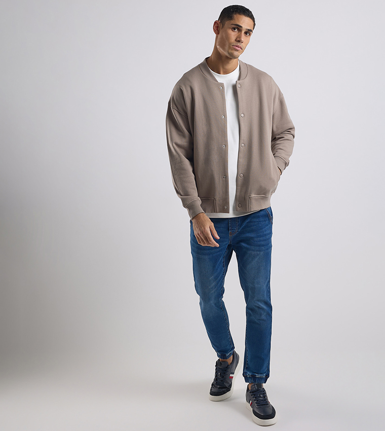 Solid Bomber Jacket with Zipper Closure