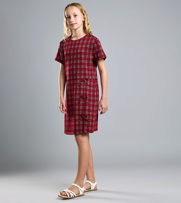 Plaid Shift Dress with Round Neck and Short Sleeves