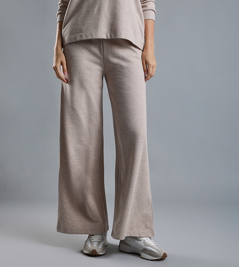 Ribbed Wide Leg Pants with Drawstring Waist