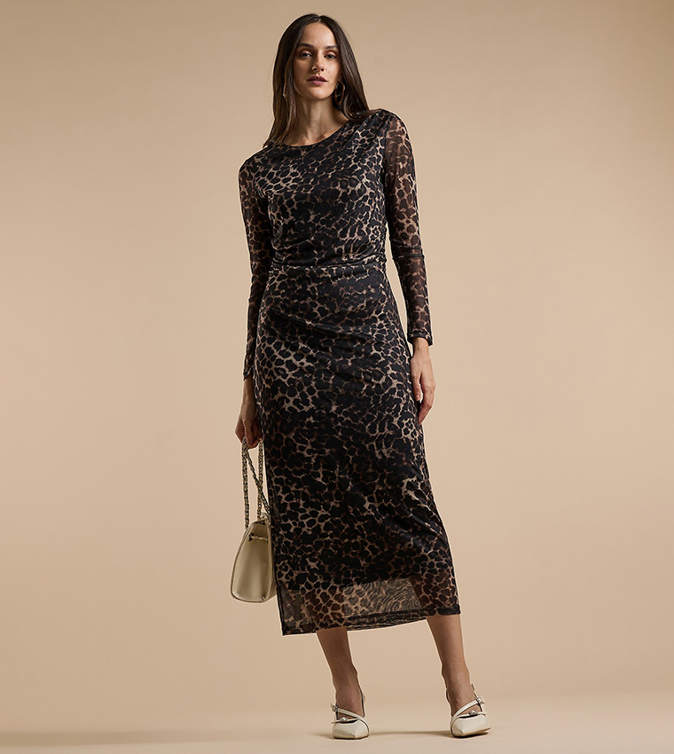 Animal Patterned Sheath Dress with Crew Neck and Long Sleeves
