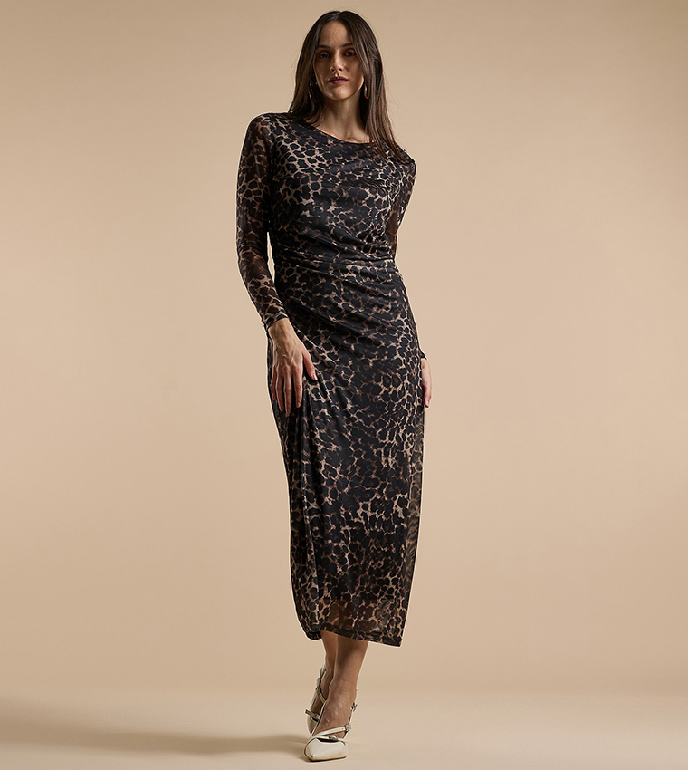 Animal Patterned Sheath Dress with Crew Neck and Long Sleeves
