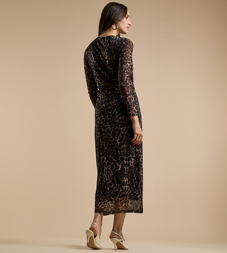Animal Patterned Sheath Dress with Crew Neck and Long Sleeves