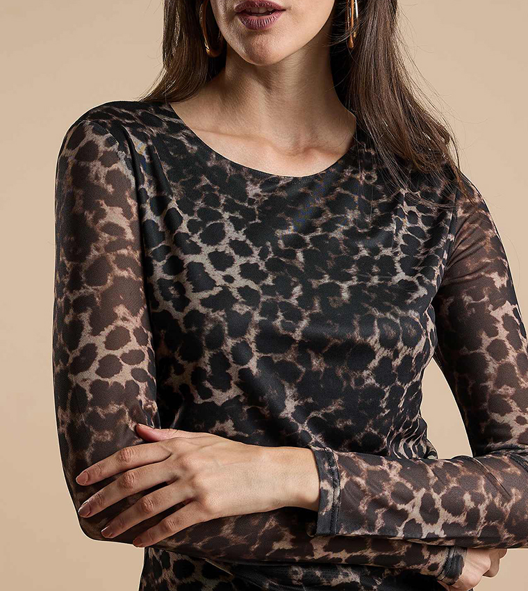 Animal Patterned Sheath Dress with Crew Neck and Long Sleeves