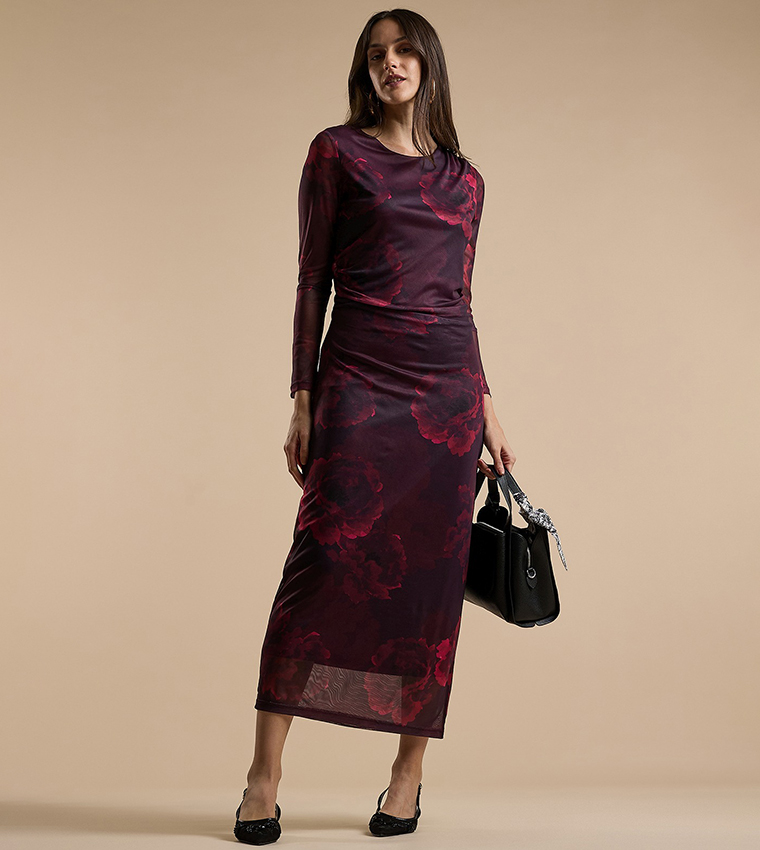 Patterned Sheath Dress with Crew Neck and Long Sleeves