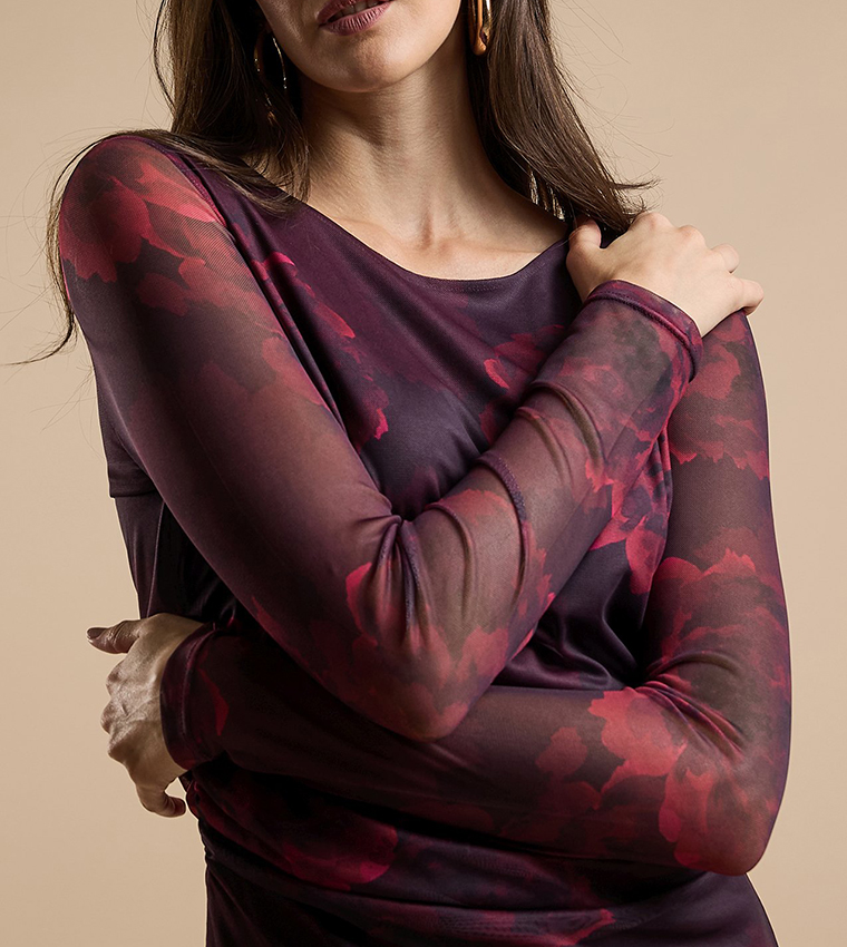 Patterned Sheath Dress with Crew Neck and Long Sleeves