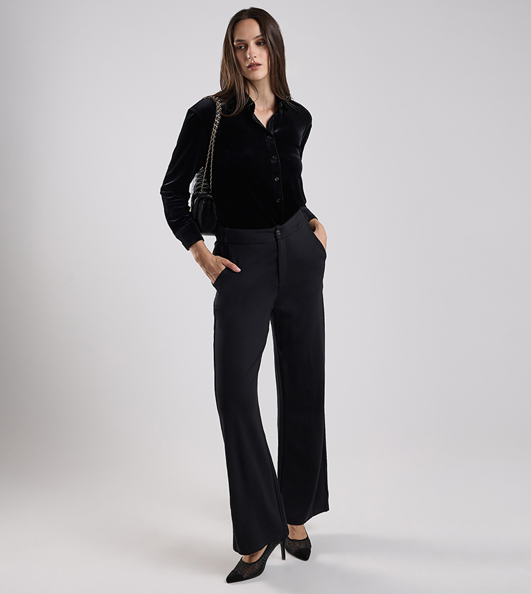 Solid Wide Leg Pants with Button Closure