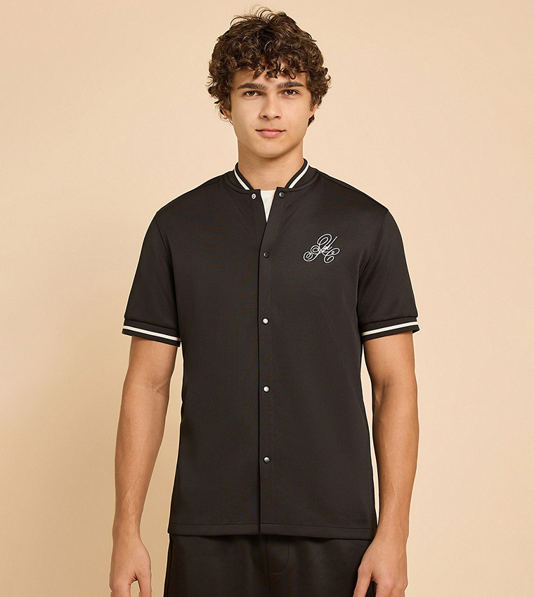 Embroidery Detail Shirt with Stand Collar and Short Sleeves