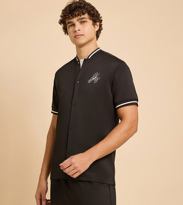 Embroidery Detail Shirt with Stand Collar and Short Sleeves