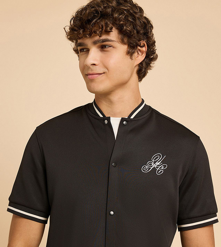 Embroidery Detail Shirt with Stand Collar and Short Sleeves