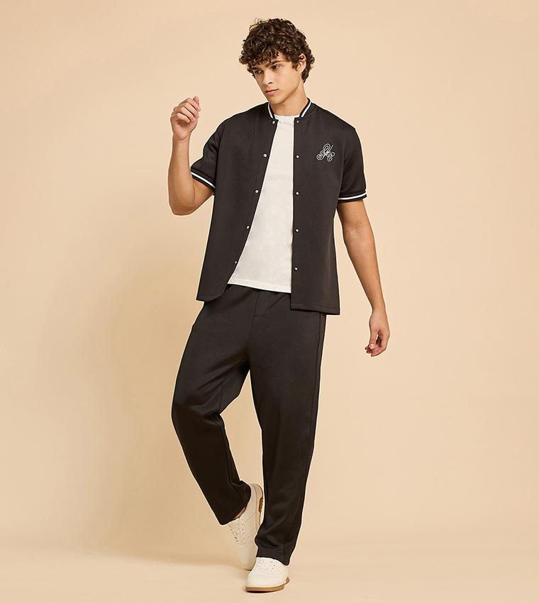 Embroidery Detail Shirt with Stand Collar and Short Sleeves