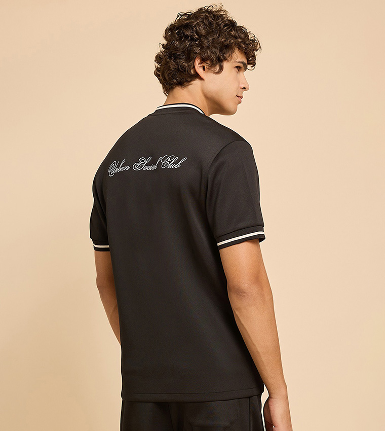 Embroidery Detail Shirt with Stand Collar and Short Sleeves