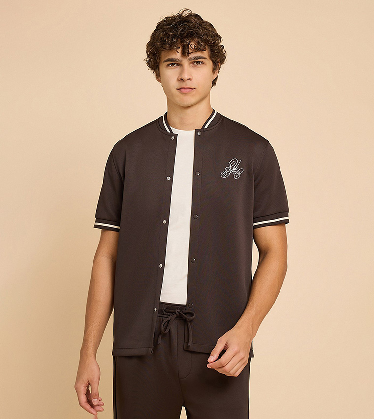 Embroidery Detail Shirt with Stand Collar and Short Sleeves