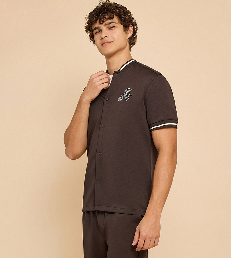 Embroidery Detail Shirt with Stand Collar and Short Sleeves