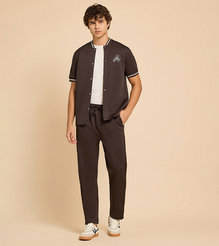 Embroidery Detail Shirt with Stand Collar and Short Sleeves