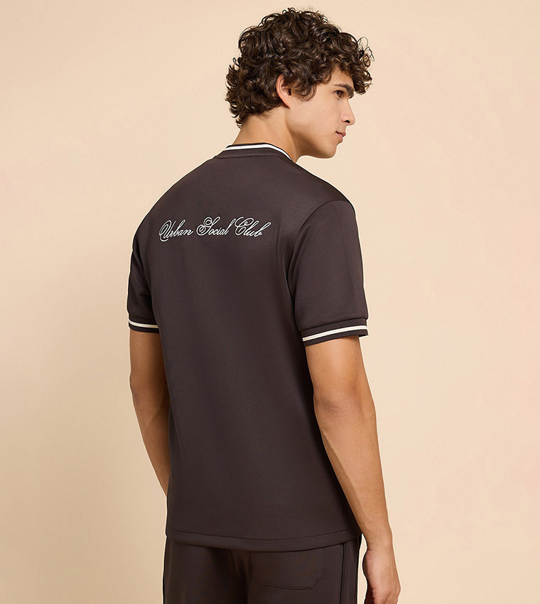 Embroidery Detail Shirt with Stand Collar and Short Sleeves