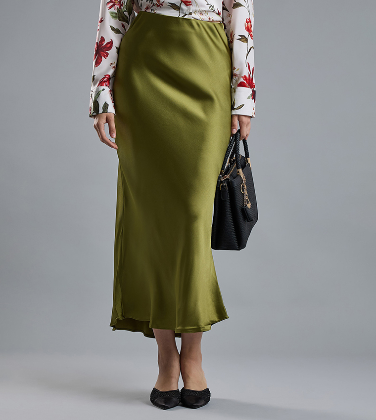 Solid Midi Skirt with Zipper Closure