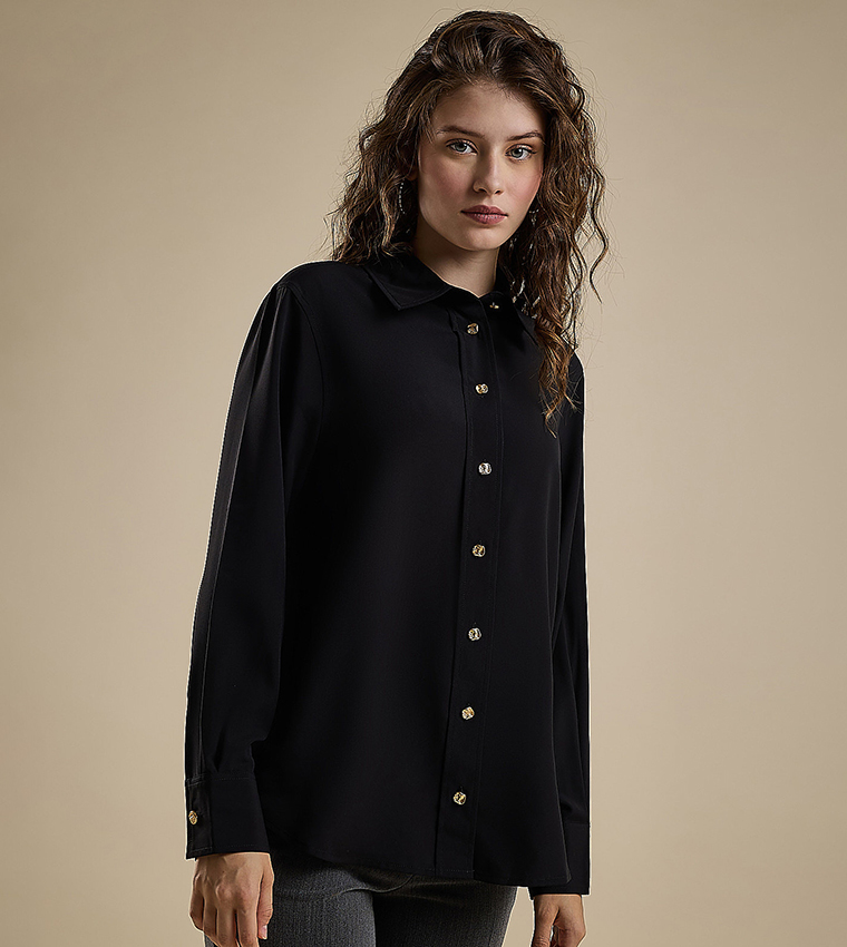 Solid Shirt with Classic Collar and Long Sleeves
