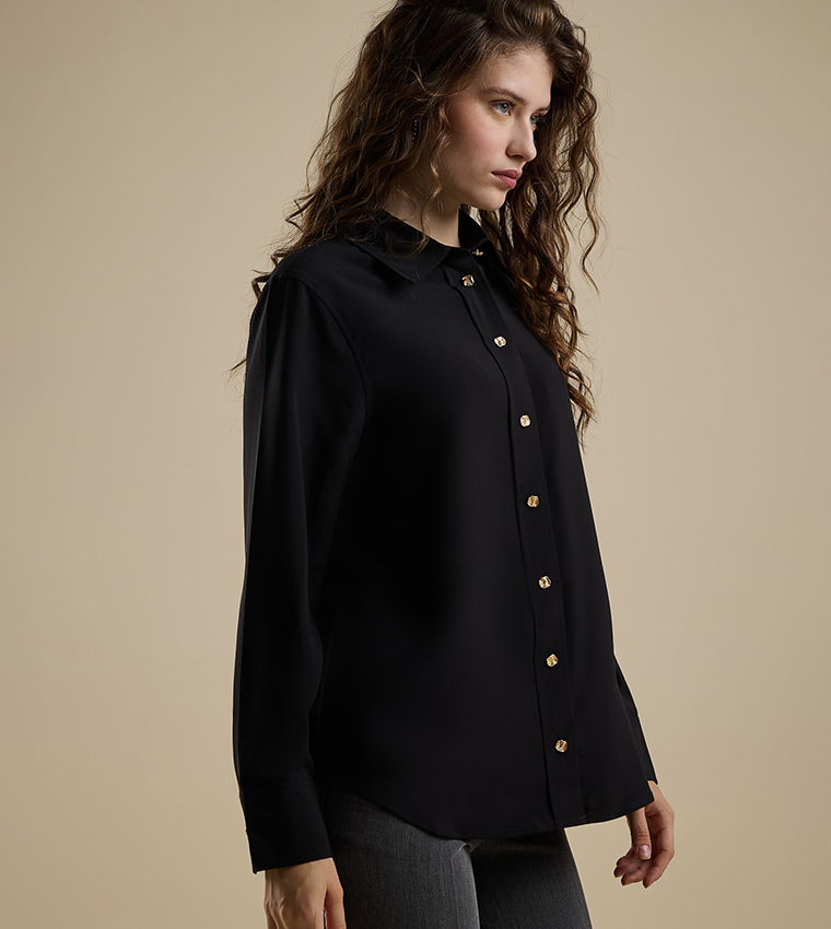 Solid Shirt with Classic Collar and Long Sleeves