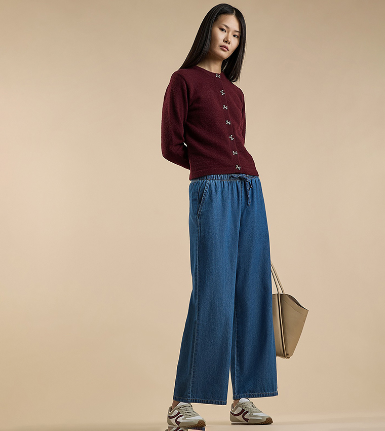 Faded Wide Leg Jeans with Drawstring Waist