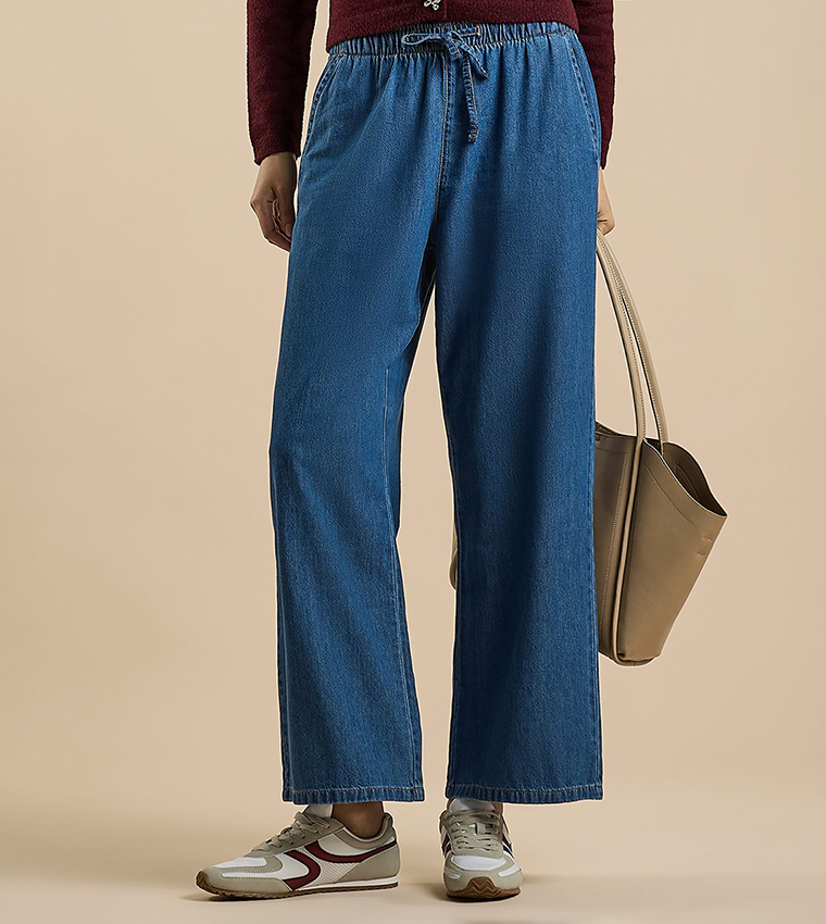 Faded Wide Leg Jeans with Drawstring Waist
