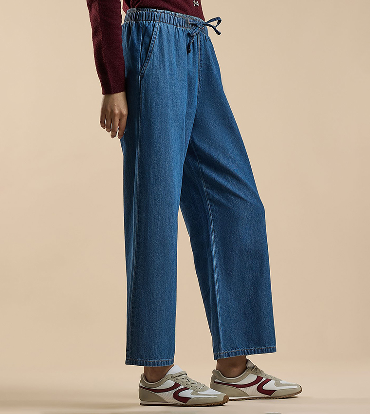 Faded Wide Leg Jeans with Drawstring Waist