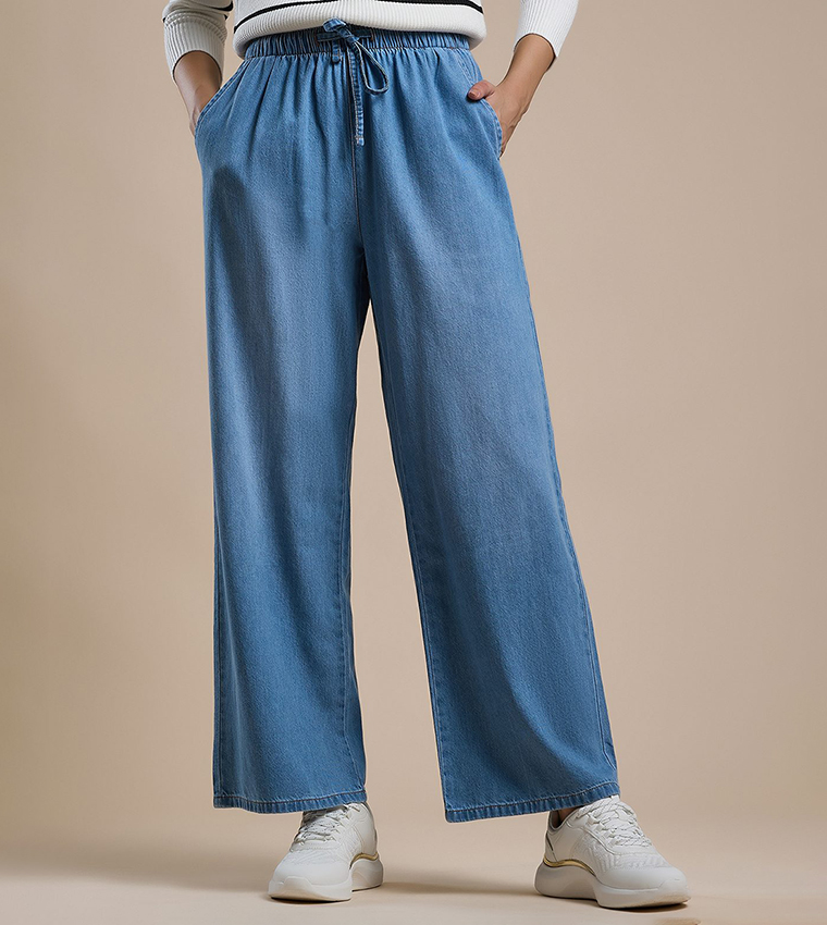 Faded Wide Leg Jeans with Drawstring Waist
