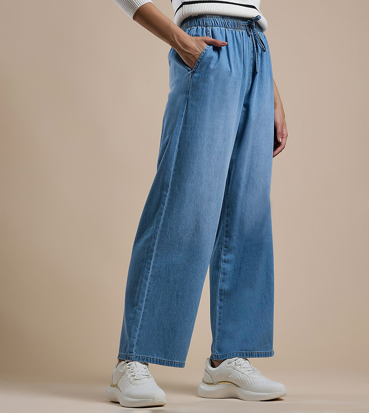 Faded Wide Leg Jeans with Drawstring Waist