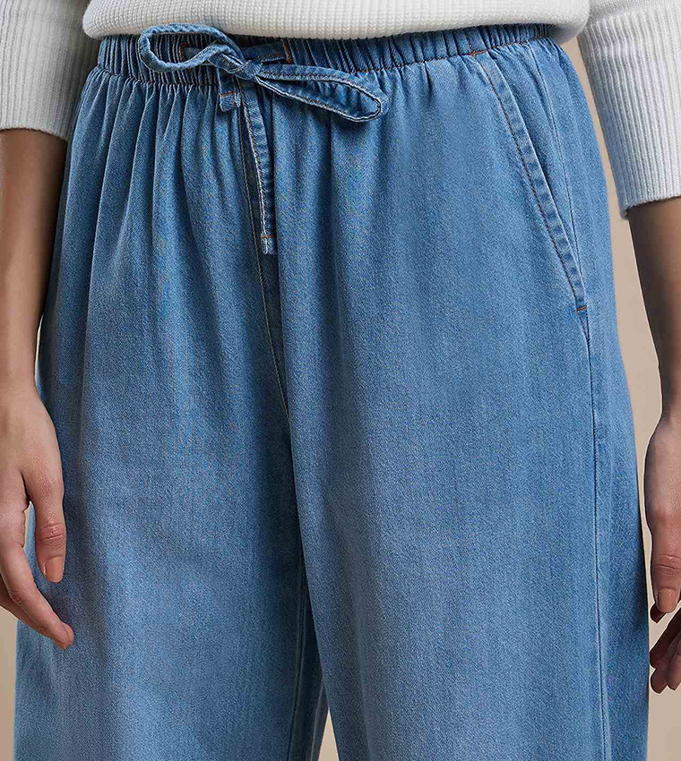 Faded Wide Leg Jeans with Drawstring Waist