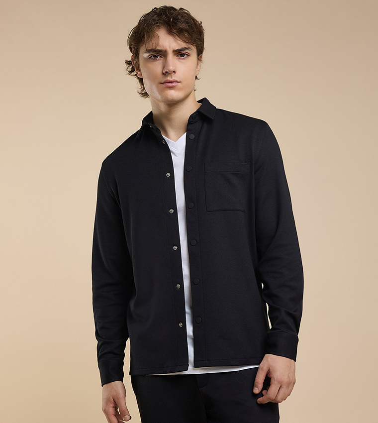 Solid Shirt with Classic Collar and Long Sleeves