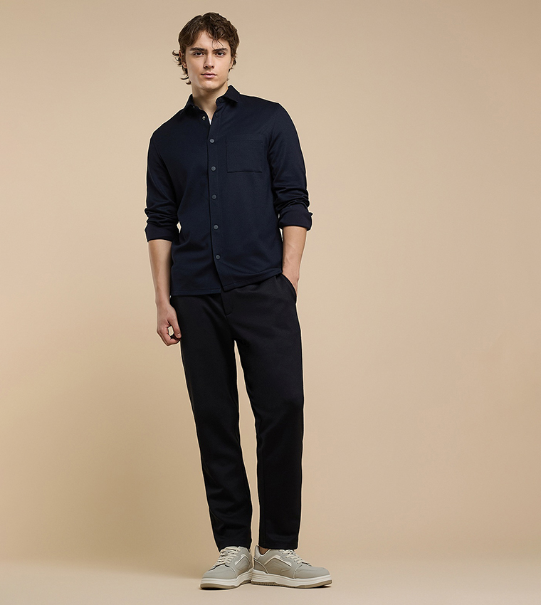 Solid Shirt with Classic Collar and Long Sleeves