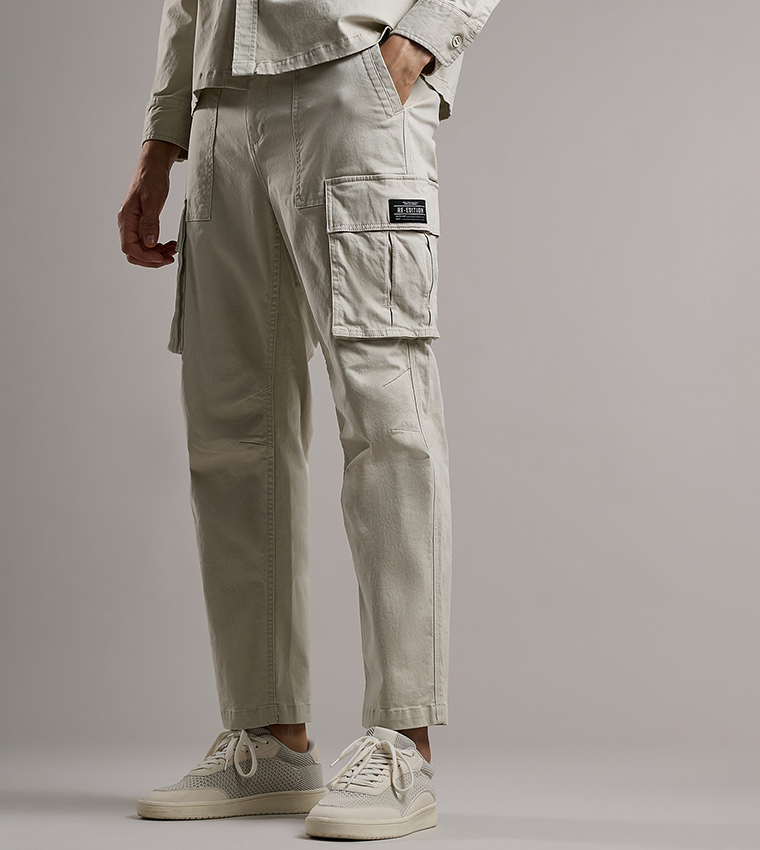 Solid Cargo Pants with Button Closure