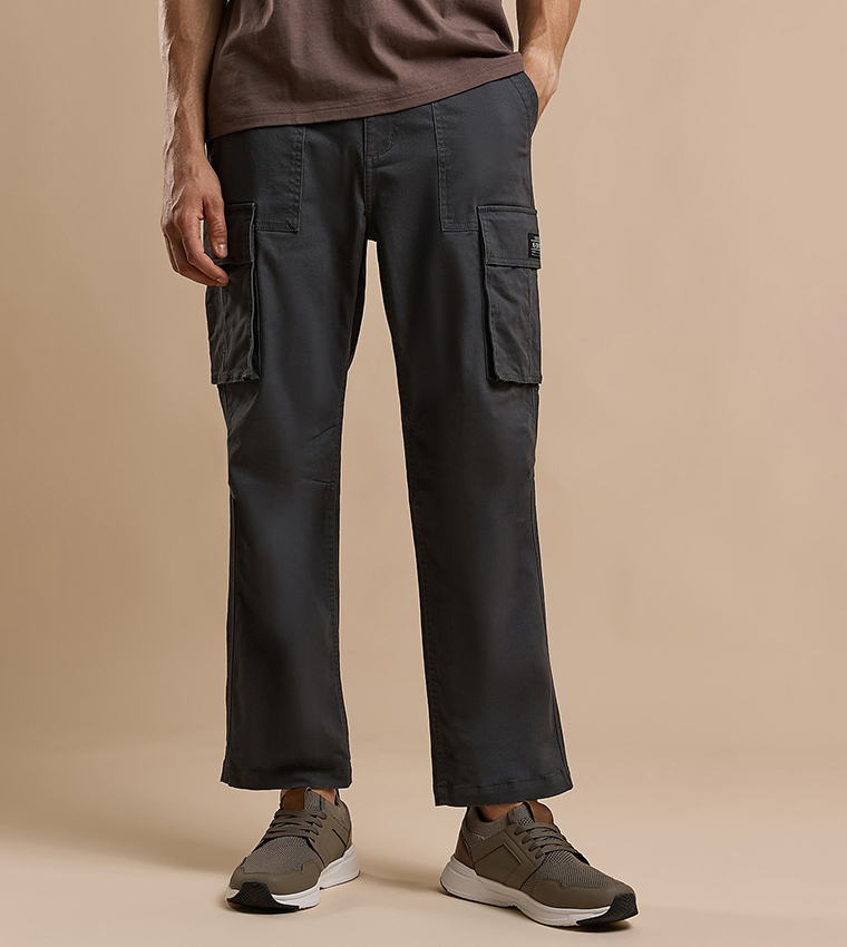 Solid Cargo Pants with Button Closure