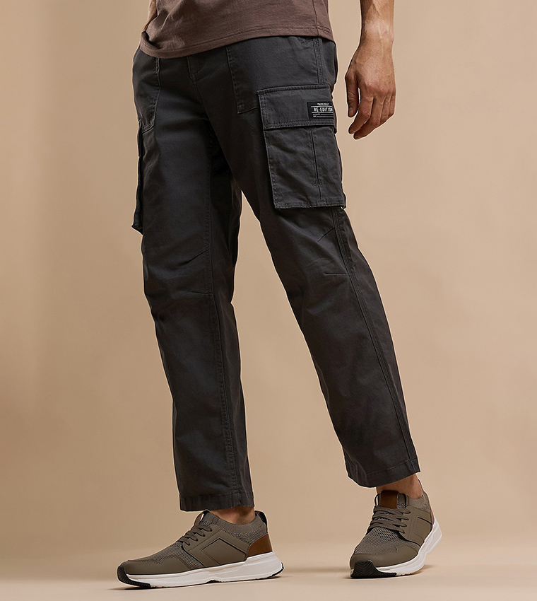 Solid Cargo Pants with Button Closure