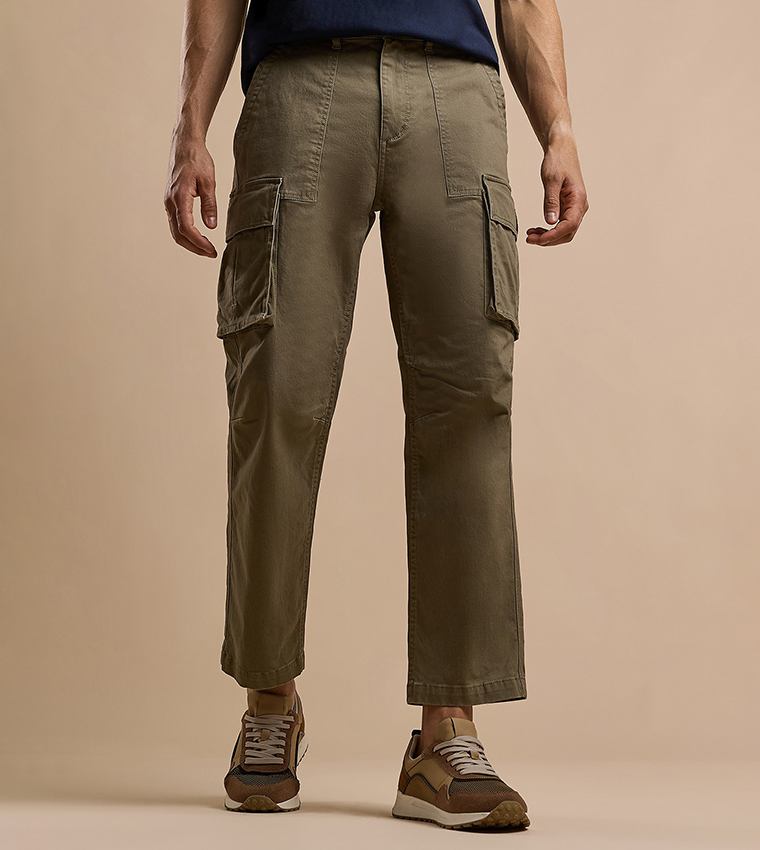 Solid Cargo Pants with Button Closure