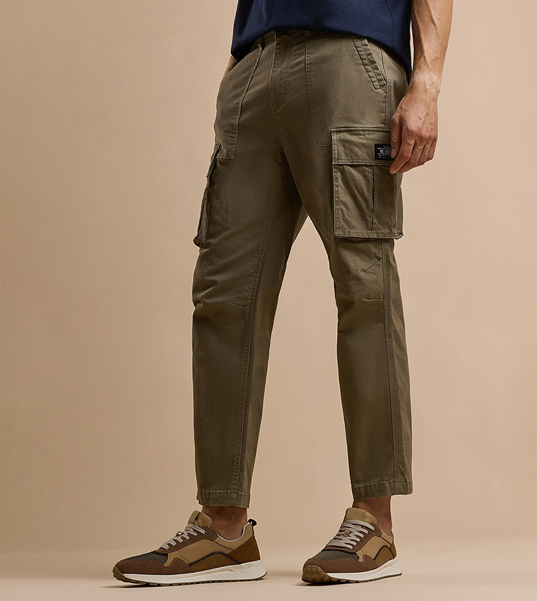 Solid Cargo Pants with Button Closure
