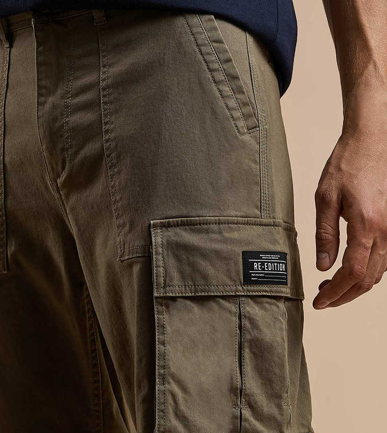 Solid Cargo Pants with Button Closure