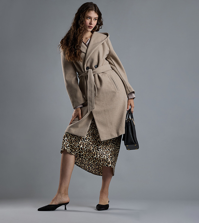 Textured Hooded Overcoat with Button Closure