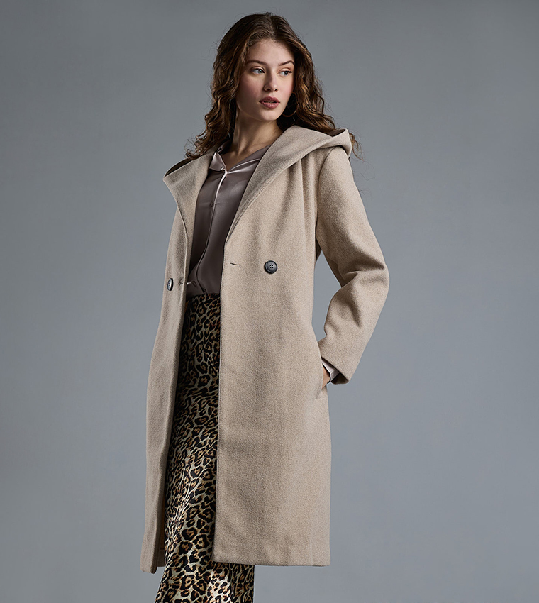 Textured Hooded Overcoat with Button Closure
