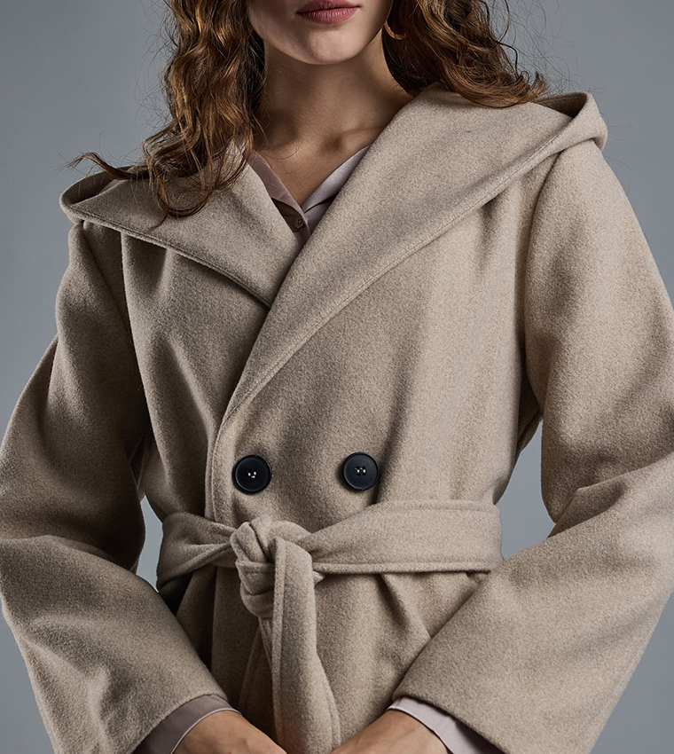 Textured Hooded Overcoat with Button Closure