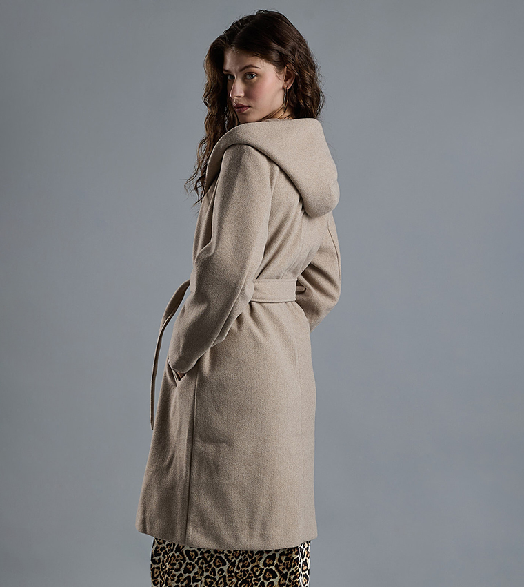 Textured Hooded Overcoat with Button Closure