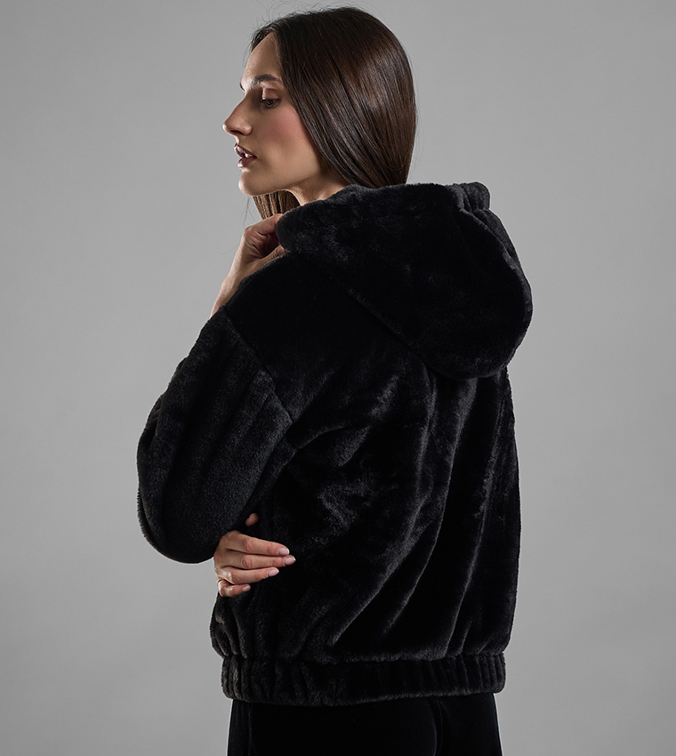 Solid Hooded Jacket with Zipper Closure